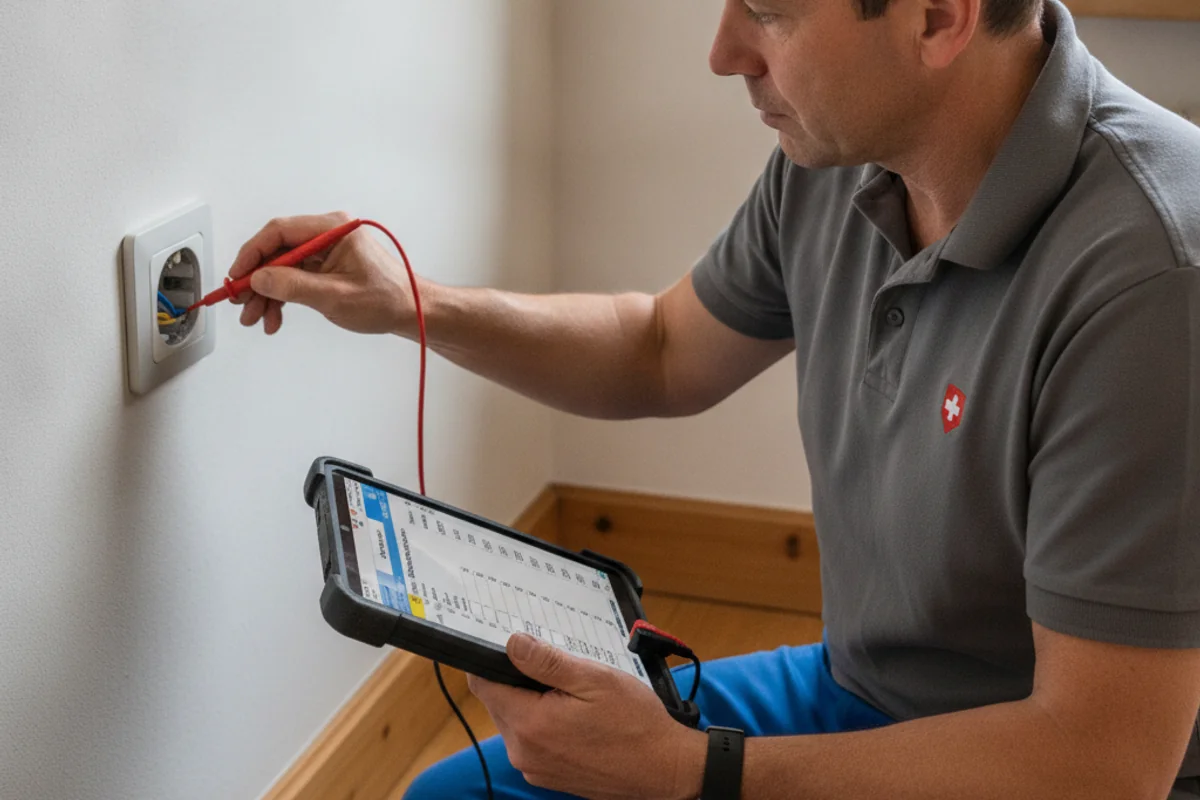 Électricien réalisant un contrôle OIBT sur un tableau électrique à Bulle