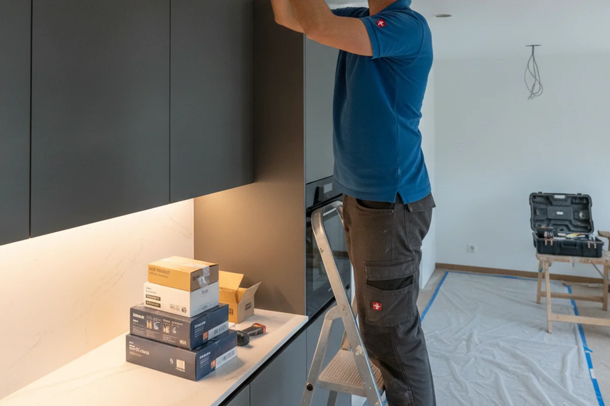 Électricien installant des spots LED dans un plafond à Bulle
